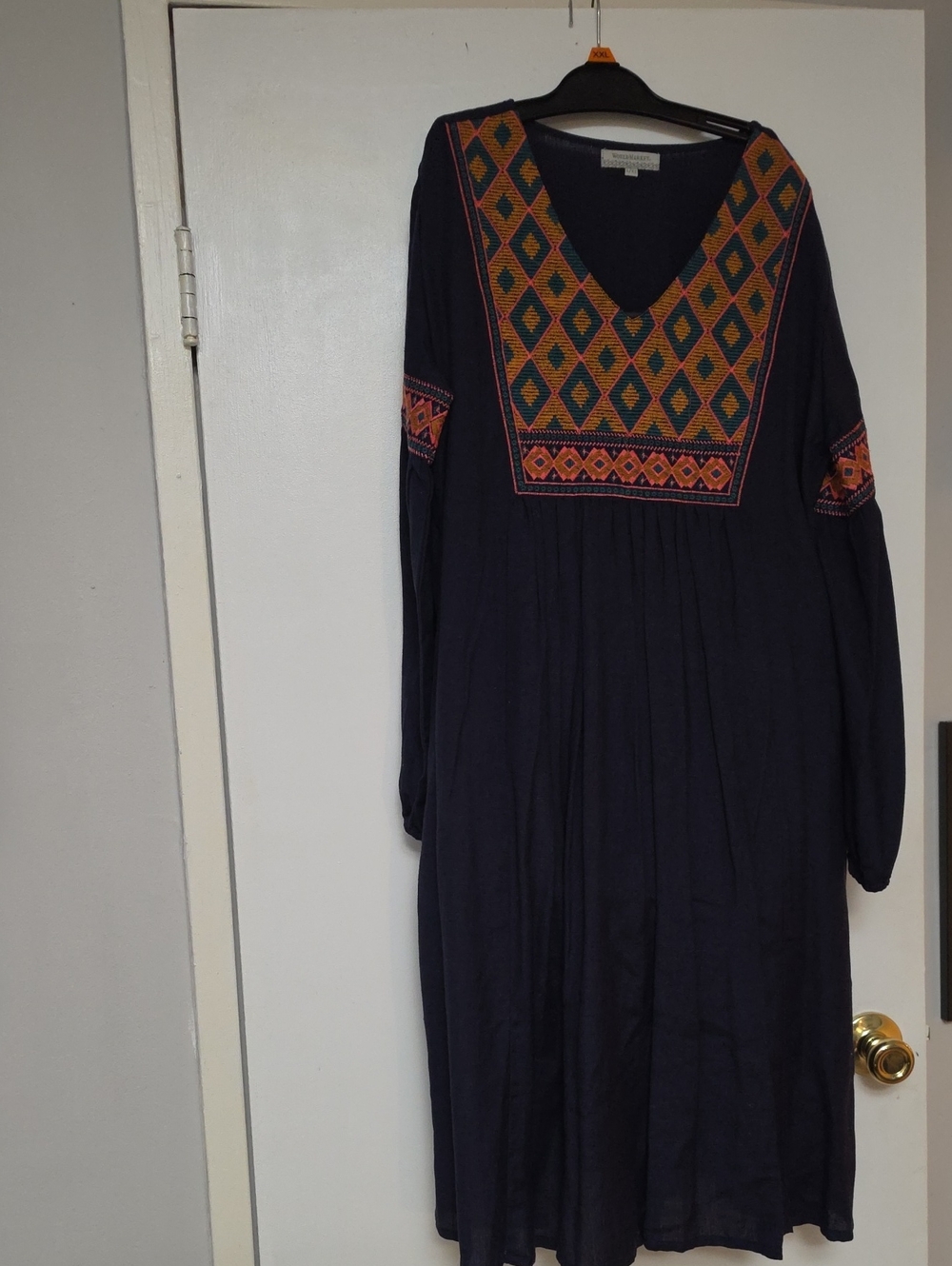 Cost Plus World Market Navy Long-Sleeve Embroidered V-Neck Dress, L/XL